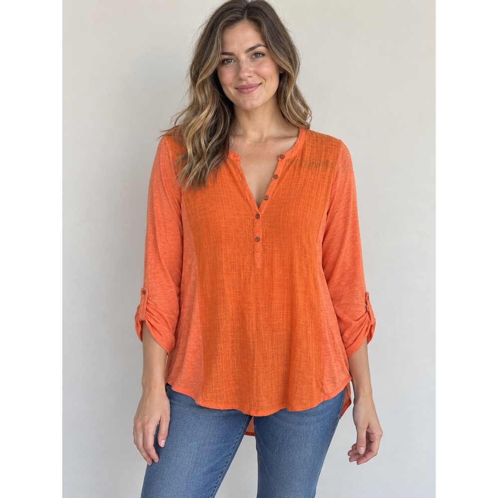 Lucky Brand Womens Orange Slub Knit Henley Roll Tab Sleeve Top M Mixed-Media